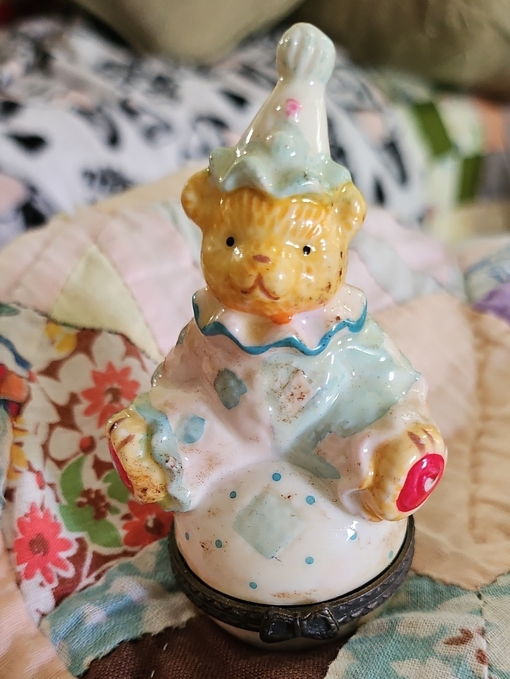 Hand-Painted Ceramic Bear Clown Figurine in Pastel Blue and Pink